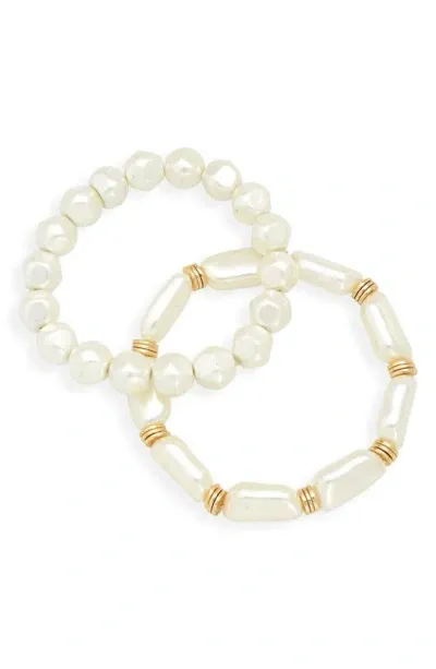 Nordstrom Set Of 2 Imitation Pearl Stretch Bracelets In Gold/white