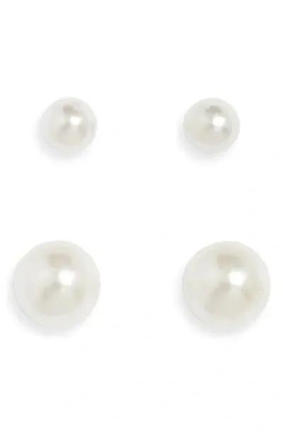 Nordstrom Set Of 2 Imitation Pearl Stud Earrings In Platinum Plated/pearl