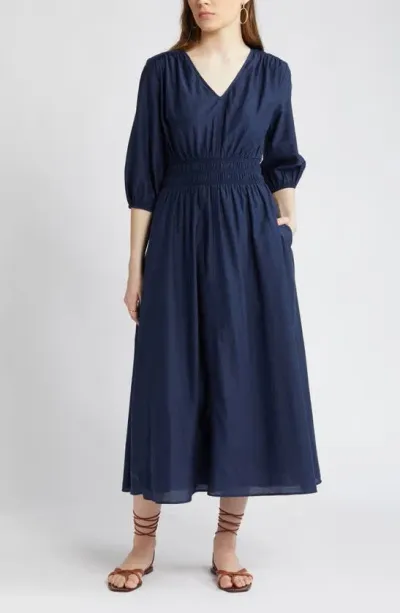 Nordstrom Smocked Waist Cotton & Silk Dress In Navy Blazer