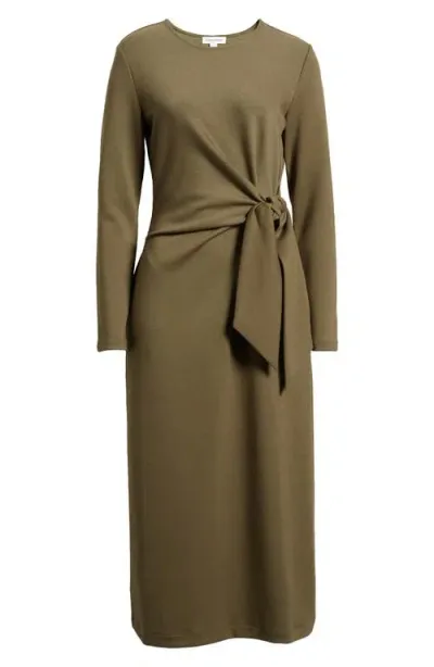 Nordstrom Tie Waist Long Sleeve Knit Midi Dress In Olive Night