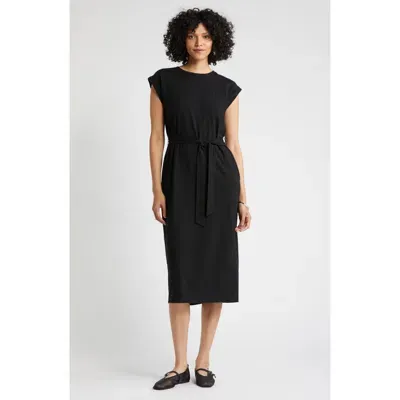 Nordstrom Tie Waist Stretch Cotton Knit Dress In Black