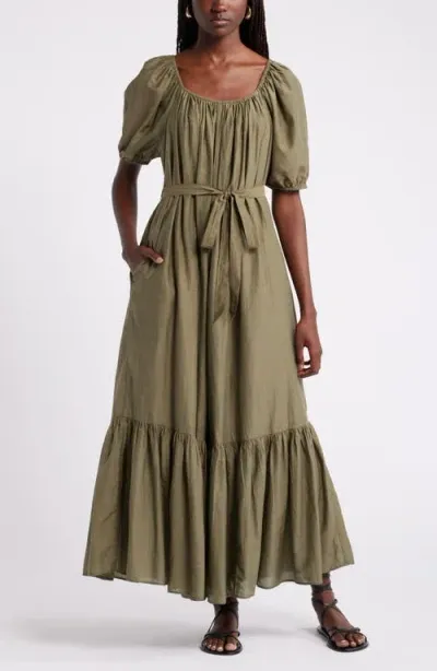 Nordstrom Tiered Blouson Sleeve Cotton & Silk Maxi Dress In Olive Burnt