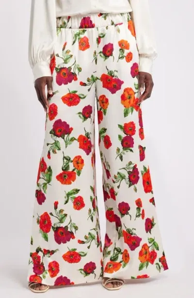 Nordstrom X Harlem's Fashion Row Harbison Floral Wide Leg Pants In Ivory- Red Poppy Dance