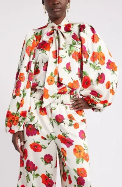 Nordstrom X Harlem's Fashion Row Harbison Romantic Floral Tie Neck Top In Ivory- Red Poppy Dance