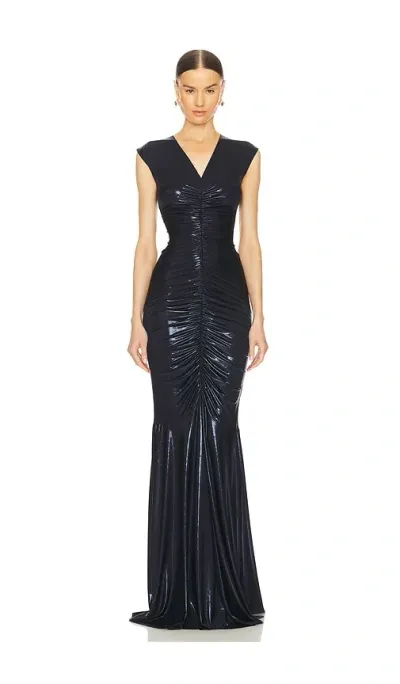 Norma Kamali Sleeveless Deep V Neck Shirred Front Fishtail Gown In Blue