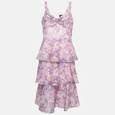 Pre-owned Notte By Marchesa Pink Floral Print Crepe Tiered Midi Dress