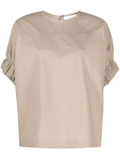 Nude Ruched-sleeves Cotton T-shirt In Neutrals