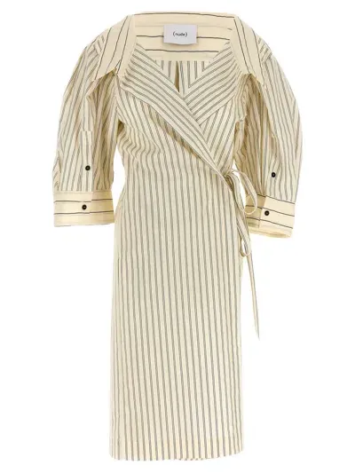 Nude Striped Shirt Dress In White