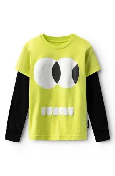 Nununu Kids' Side Eye Layered Cotton Graphic T-shirt In Hot Lime