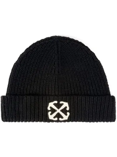 Off-white Black Ribbed Wool Beanie With Arrows Motif In Multicolor