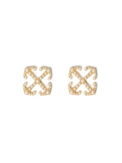 Off-white Arrow Earrings With Pearls In 金色