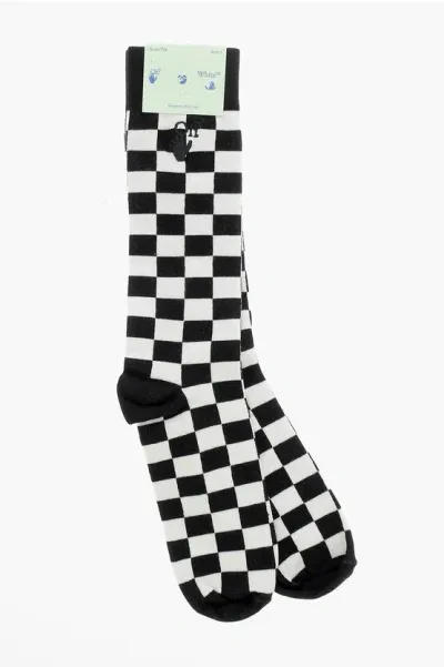 Off-white Cotton Blend Hand Of Check Mid Socks In Black