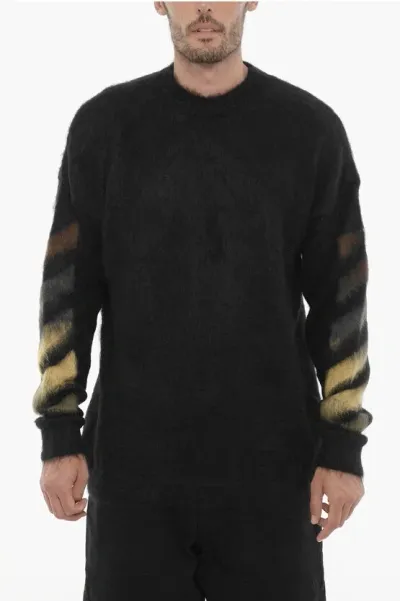 Off-white Crew-neck Fluffy Sweater With Contrasting Logo In Black