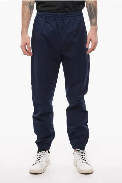 Off-white Cuffed Casual Cotton Pants With Elastic Wasitband In Blue