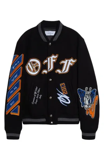 Off-white Gang Wool Blend Varsity Bomber Jacket In Black - Multicolor