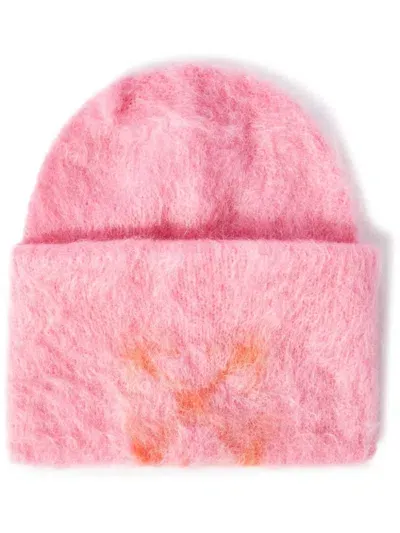 Off-white Intarsia-knit Logo Beanie In Pink