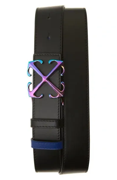 Off-white Iridescent Arrow Buckle Leather Reversible Belt In Black - Blue