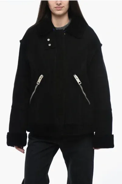 Off-white Leather Jacket With Shearling Detailing In Black