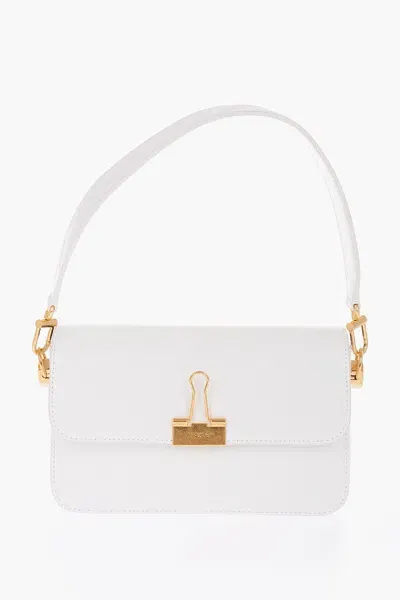 Off-white Leather Plain Binder Shoulder Bag With Golden Details In White