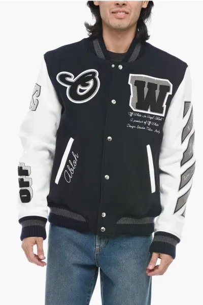 Off-white Leather Varsity Bomber With Patchwork In Black