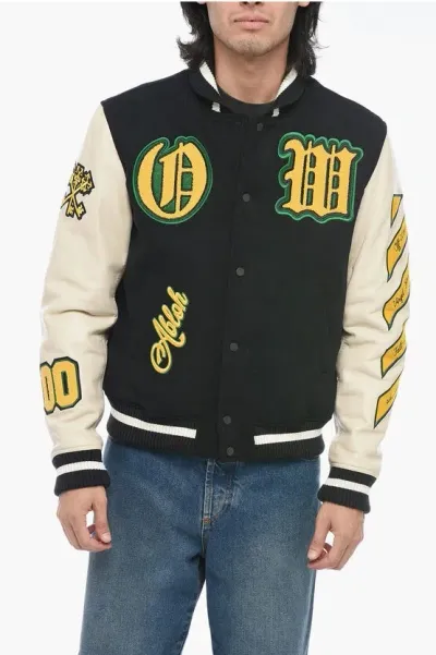 Off-white Leather Varsity Bomber With Patchwork In Black