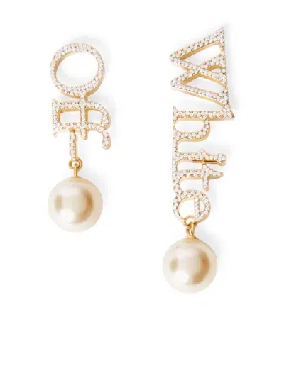 Off-white Logo Pearl Drop Earrings In Gold