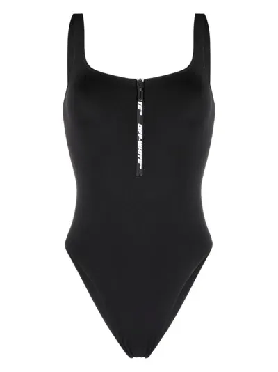 Off-white Logo-print Zip-up Swimsuit In Schwarz