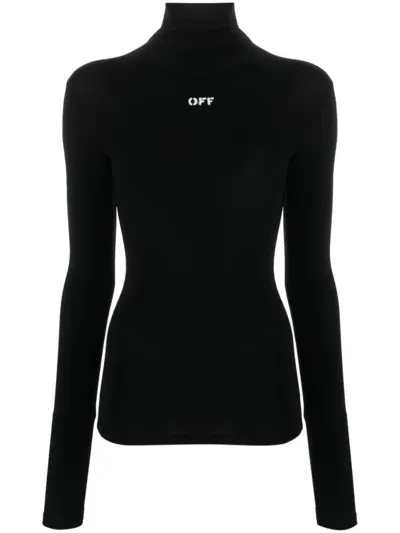 Off-white Long Sleeve T-shirt With Elegant Mock Neck And Subtle Logo Detail In Black