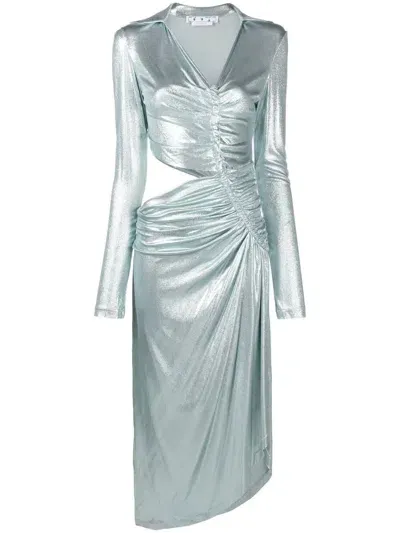 Off-white Shiny Jersey Draped Midi Dress In Silver