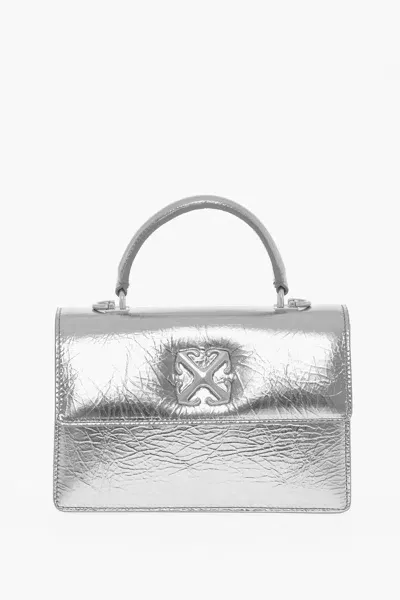 Off-white Metallic Leather Handbag With Removable Shoulder Strap In Silver