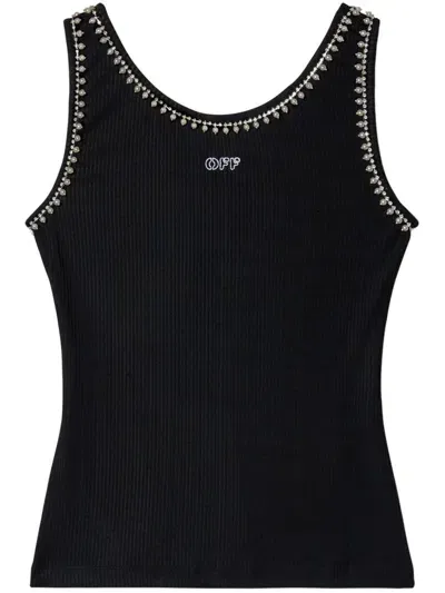 Off-white Pearl-embellished Ribbed Tank Top In 黑色