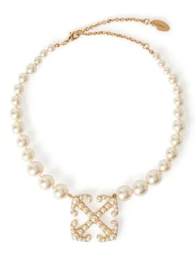 Off-white Pearls Pave Arrow-motif Necklace In 金色