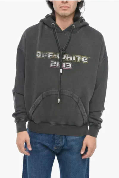 Off-white Printed Hoodie Sweatshirt With Eyelet Detail In Gray