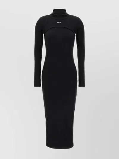 Off-white Stamped Ribbed Turtleneck Dress With Long Sleeves In Black