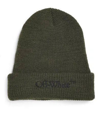 Off-white Wool Embroidered Bookish Logo Beanie In Green