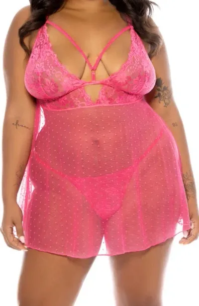 Oh La La Cheri Aphrodite Dot Mesh Chemise & G-string Set In Raspberry Sorbet