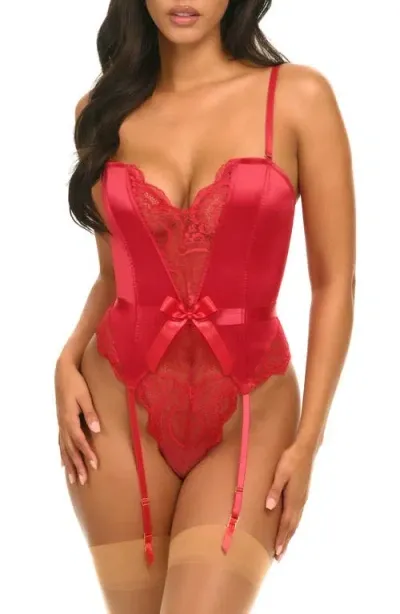 Oh La La Cheri Rumi Lace Trim Satin Teddy With Garter Straps In Red