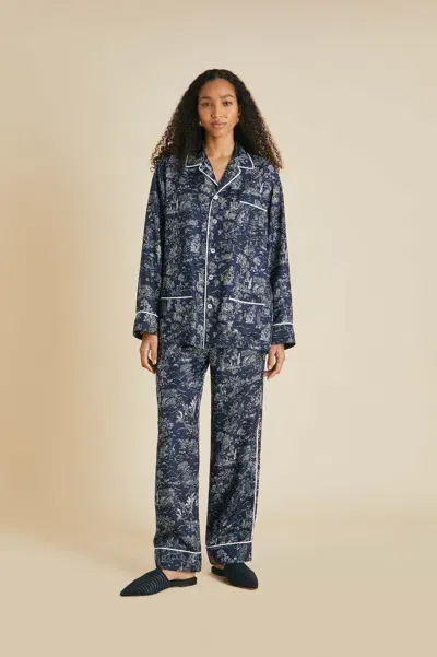 Olivia Von Halle Yves Erebus Navy Toile De Jouy Pyjamas In Silk Twill In Navy Blue