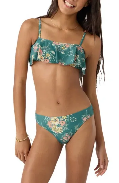 O'neill Kids' Naya Floral Ruffle Two-piece Swimsuit In Silver Pine