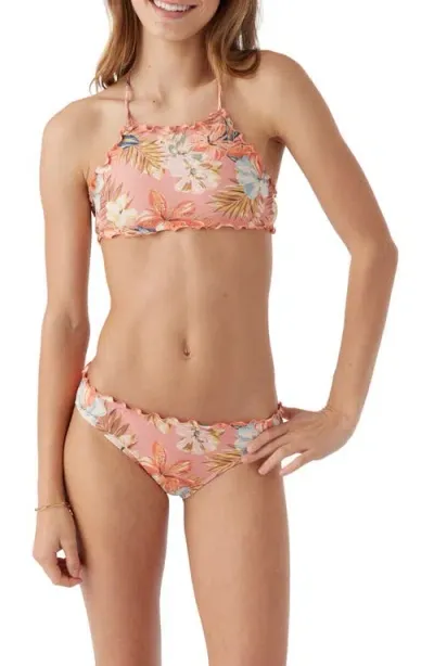 O'neill Kids' Punta Tropical Ruffle Two-piece Swimsuit In Canyon Clay