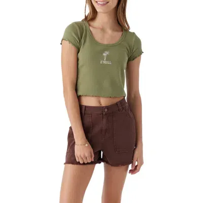 O'neill Kids' Sammie Logo Embroidered Cotton Crop T-shirt In Oil Green