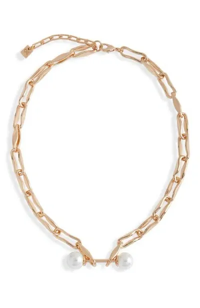 Open Edit Double Imitation Pearl Link Necklace In White- Gold