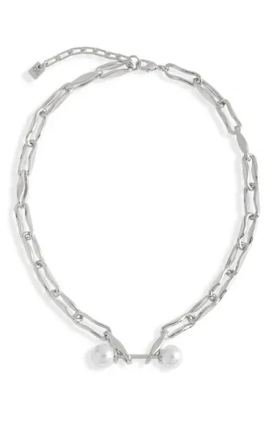 Open Edit Double Imitation Pearl Link Necklace In White- Rhodium