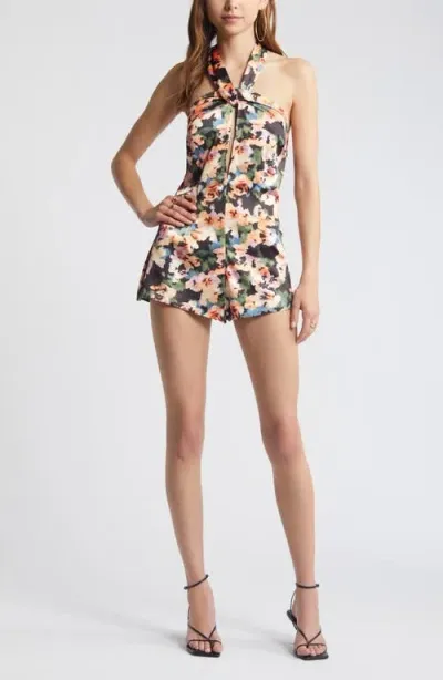 Open Edit Halter Satin Romper In Black Multi Highlight Floral