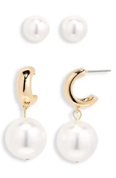 Open Edit Imitation Pearl Drop Hoop Earrings In White- Gold