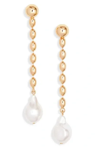 Open Edit Imitation Pearl Linear Drop Earrings In White- Gold