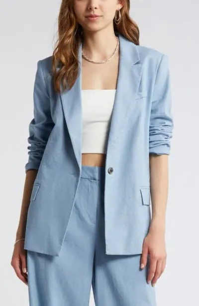 Open Edit Linen Blend Blazer In Blue Chambray