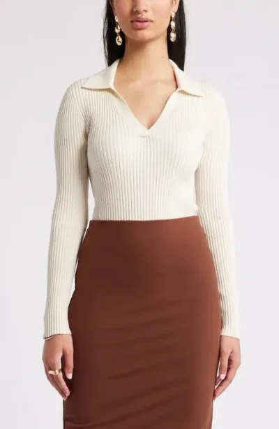 Open Edit Luxe Sculpt Rib Polo Sweater In Ivory Dove