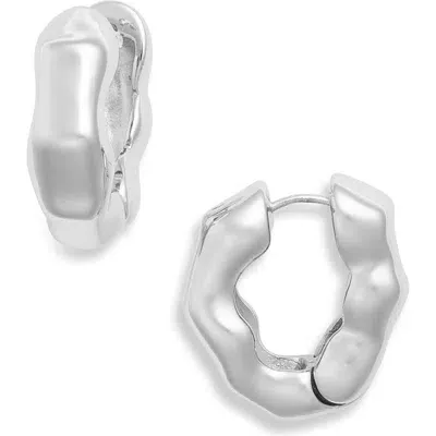 Open Edit Molten Huggie Hoop Earrings In Rhodium