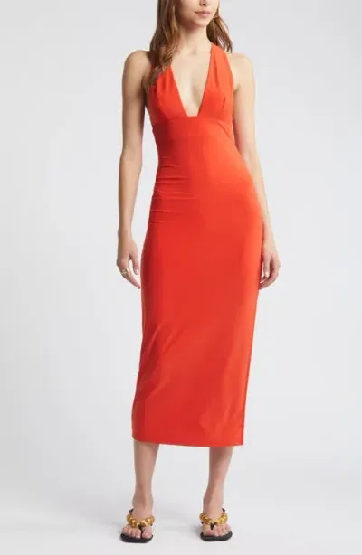 Open Edit Plunge Neck Dress In Red Poinciana